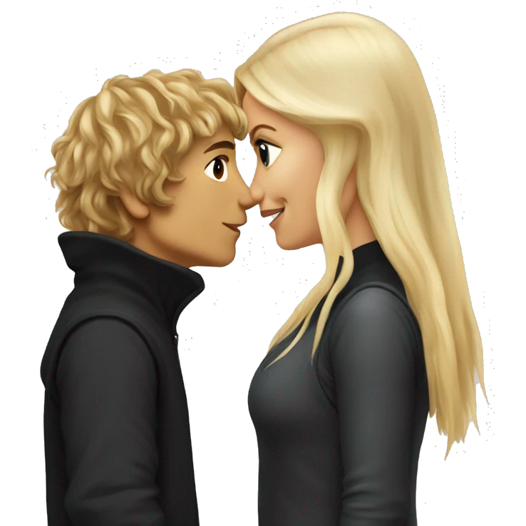 Pippin-hobbit wearing black hoodie kissing pretty straight hair blonde woman with attractive top emoji