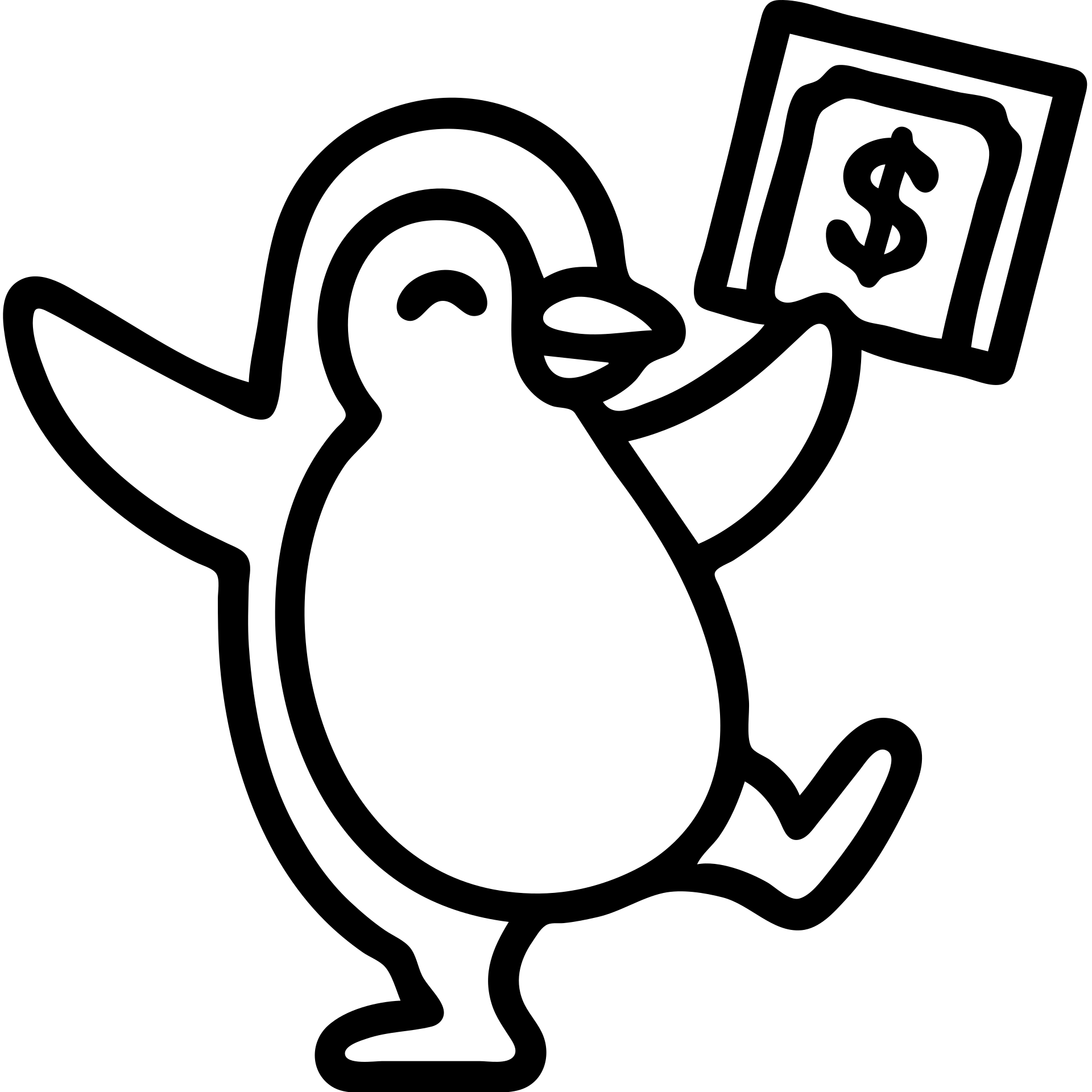 a dancing penguin holding money, bold outlined icon style emoji