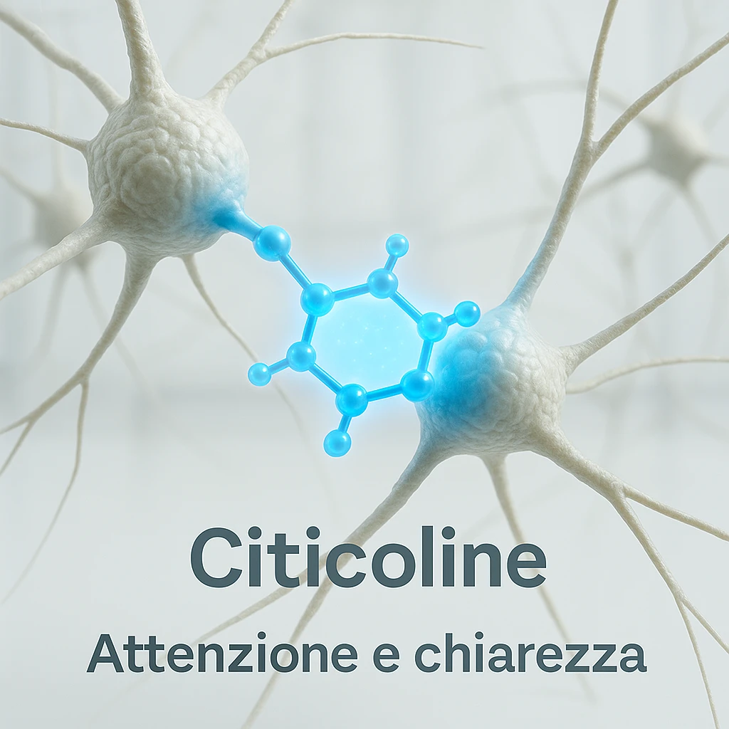 Citicolina che favorisce il focus, iper realistico, molecola blu che collega neuroni, scritta 'Attenzione e chiarezza', atmosfera clinica, sfondo chiaro emoji
