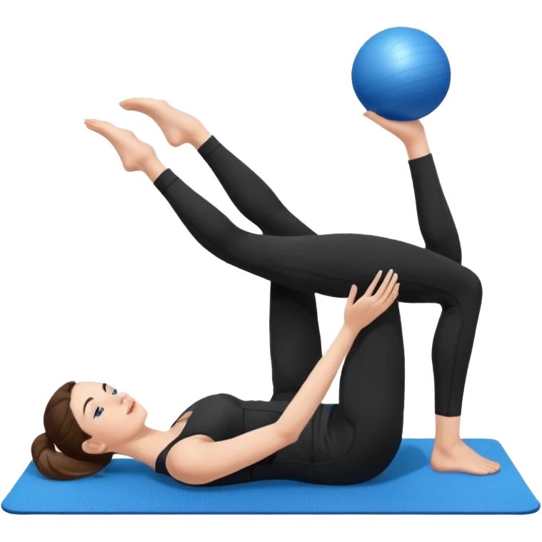 generate a pretty woman in black gym clothes doing pilates on a blue mat with a small blue ball emoji