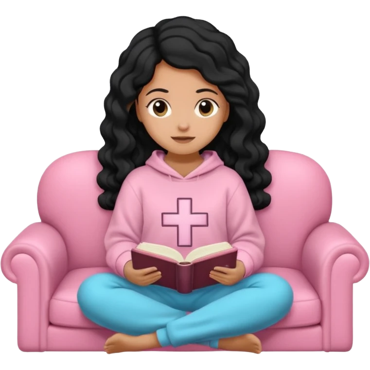 Una chica linda de cabello negro con ondas hasta los hombros de piel blanca con una sudadera rosa en un sofá cómodo y hermoso leyendo la biblia emoji