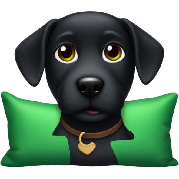 Black dog with brown eyes holding a green pillow emoji