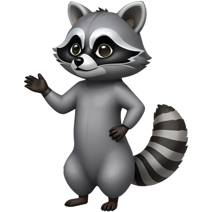 Cinematic-Raccoon-Realistic-Full-Body-Standing on all fours-Emoji – Tail flicking lazily, head tilted dramatically, thick grey fur with a signature black mask, sharp and alert ears, simplified yet realistic focused features, highly detailed, glowing with an almost sarcastic glow. emoji