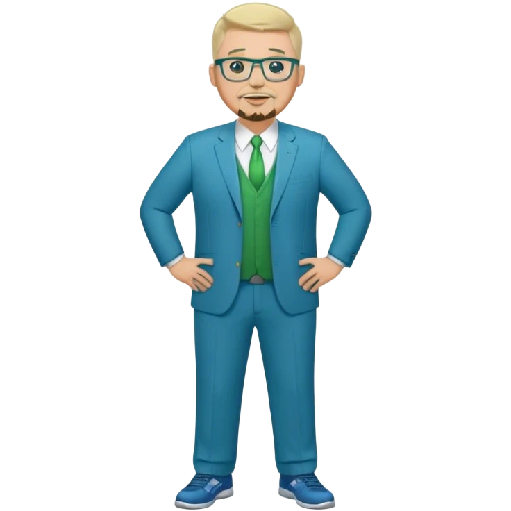 Full Body white male plus size wearing glasses with a goatee with light blonde and gray very short hair happy basketball head Coach in blue and green suit emoji