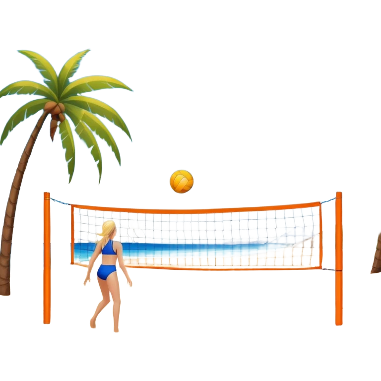 A volleyball resting on the orange sand of a beach, with a volleyball net in the background. The scene includes a beautiful beach landscape with blue sea, sky, and palm trees, while a couple of women in swimsuits play in the distance, capturing the relaxed yet competitive vibe of beach volleyball. emoji