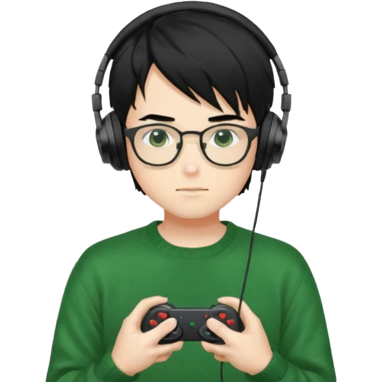 
gamer, Gorgeous green sweater black hair anime style shojo guy glasses, headphone, gamepad emoji