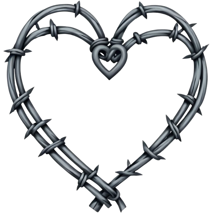 Minimal black line art heart made from barbed wire, hand-drawn sketch look, uneven ink strokes, 6–7 barbs with twisted knots, simple clean outline, centered on plain white background, high contrast emoji