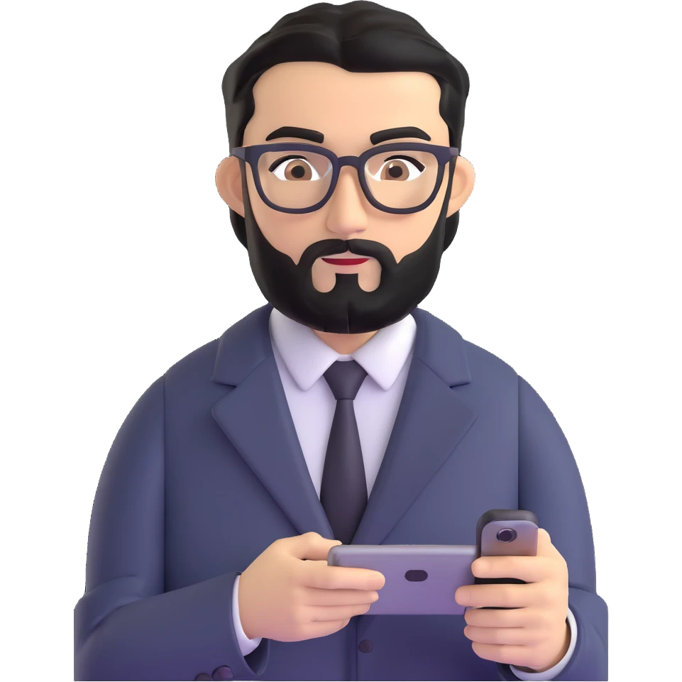 businessman with medium black beard, black hair styled to one side, connected unibrow, olive skin, brown eyes, glasses, prominent nose, in formal black jacket, focused on using smartphone touchscreen, with subtle modern office environment in background emoji