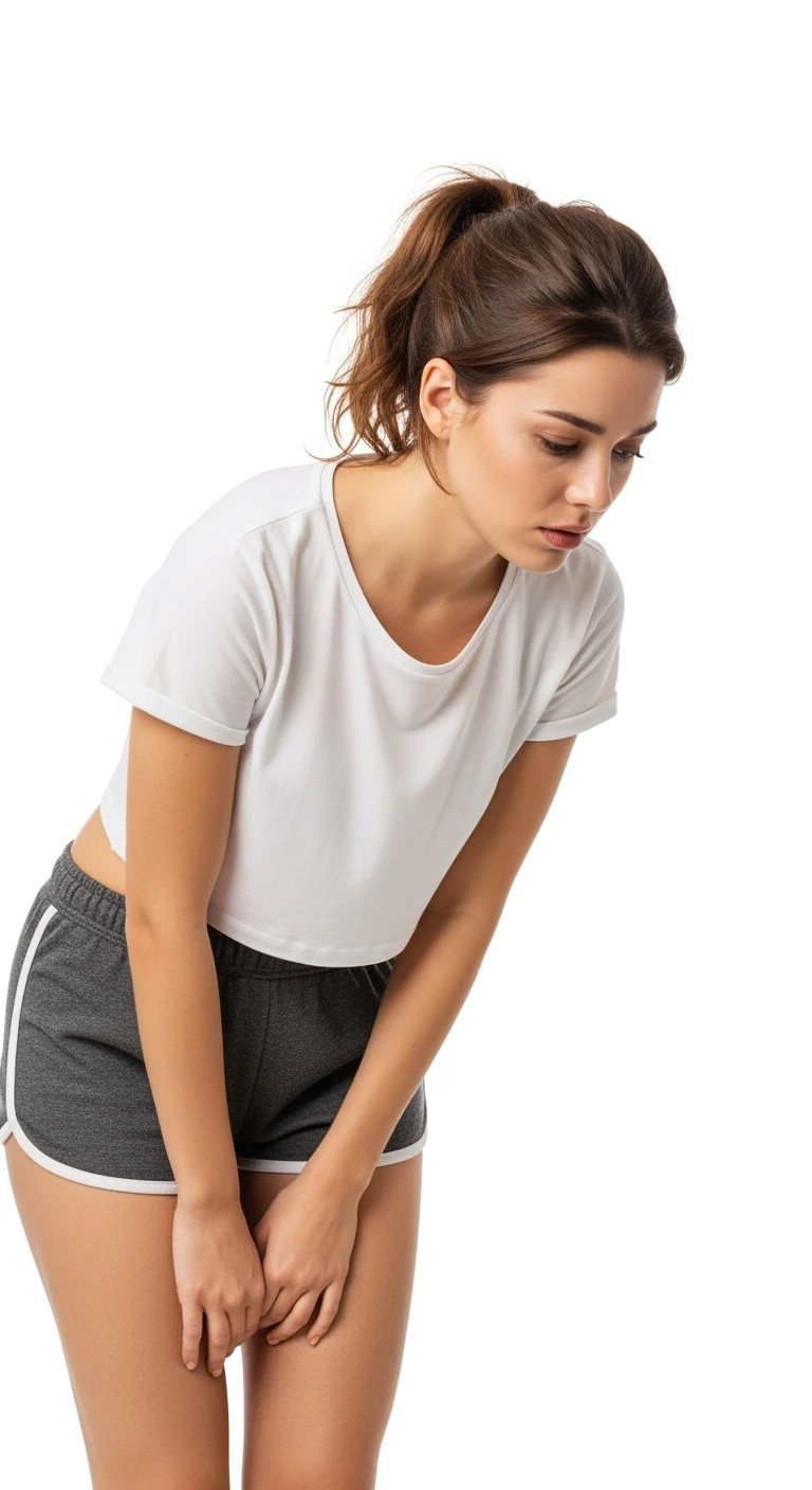 donna giovane con cellulite in gym short leggermente piegata in avanti, con espressione dispiaciuta in volto isolata su sfondo bianco emoji
