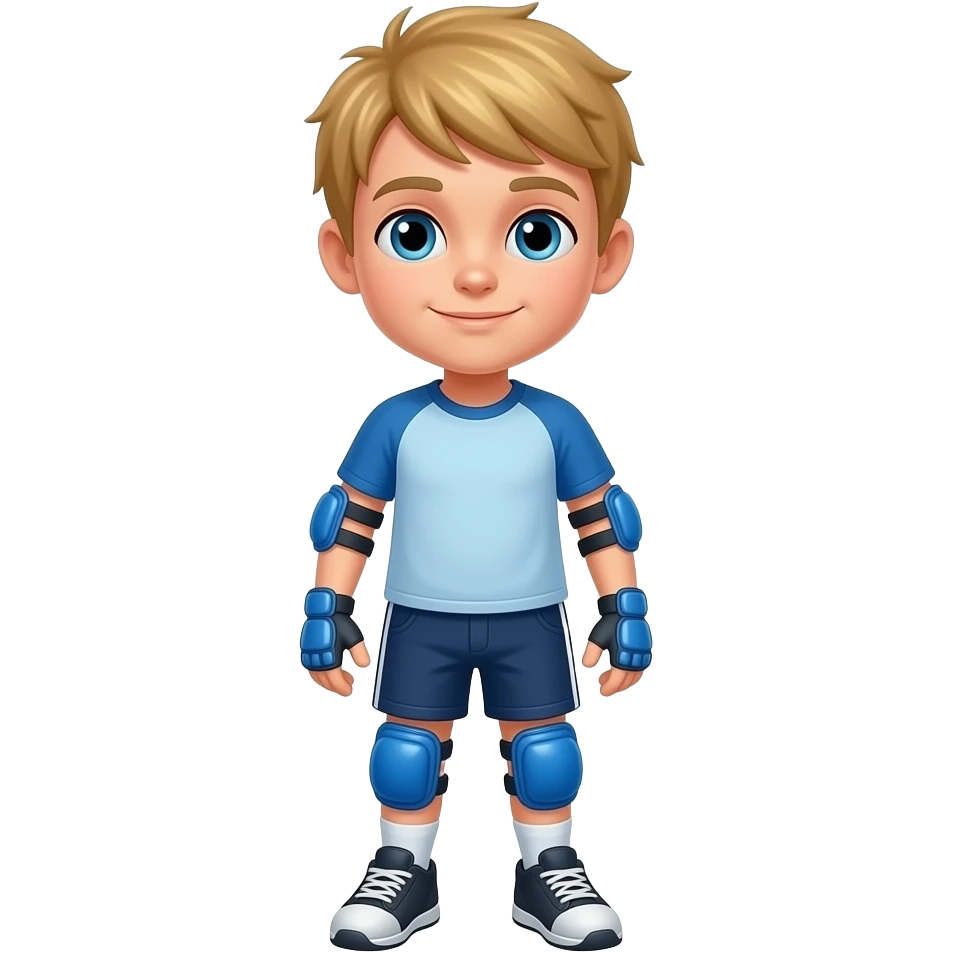 Child boy blonde hair, standing upright, wearing blue elbow pads and knee pads, ready-to-play expression, front-facing pose. emoji