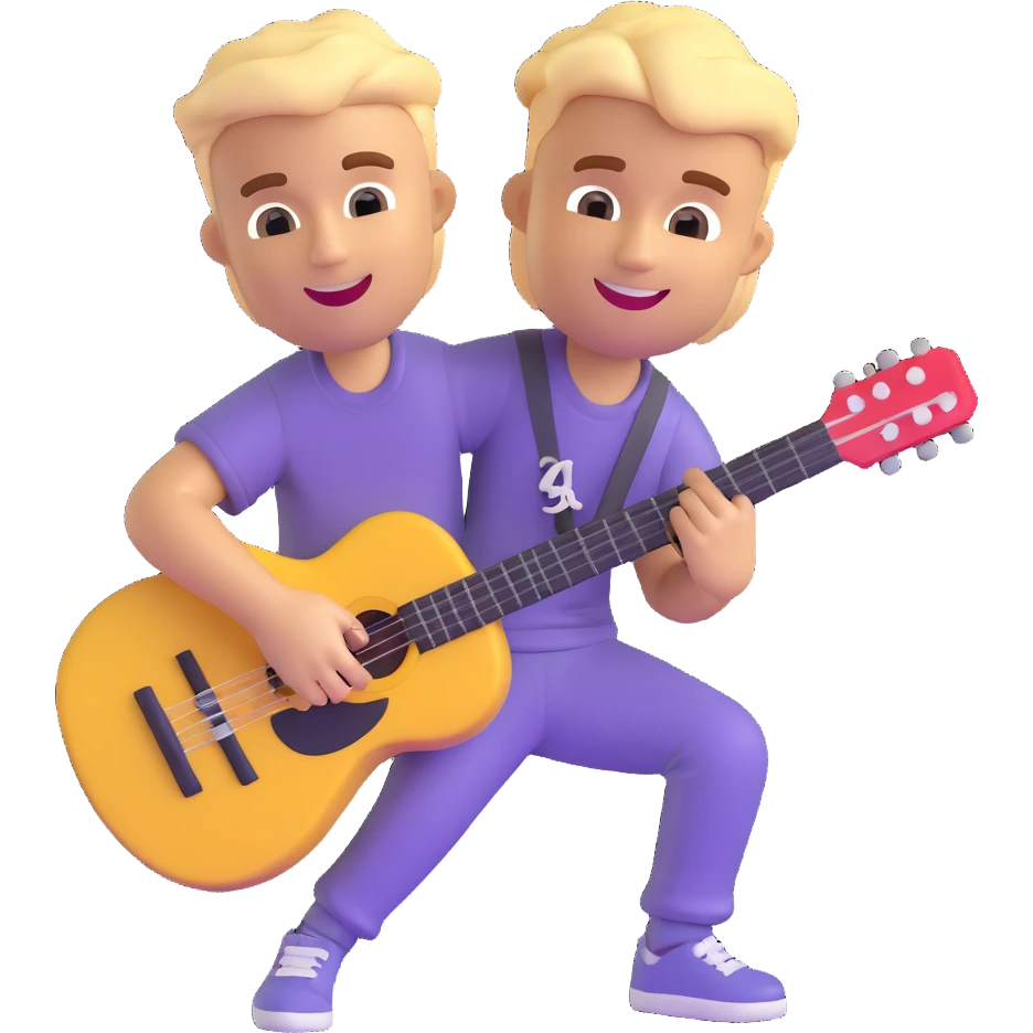 Justin Bieber as a 3D emoji, smiling, with signature hair, holding a guitar emoji