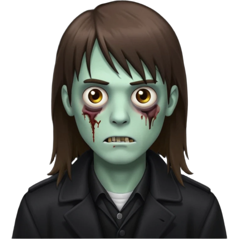 Zombie, emo guy with dark circles under his eyes and long brown hair with straight bangs, in a black long
 emoji