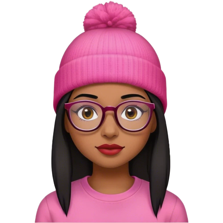 Brown girl with black straight hair wearing  pink beanie and red shirt with natural looking makeup and glasses  emoji