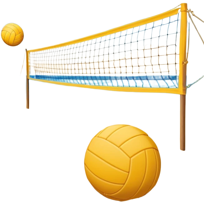 The scene captures the relaxed yet competitive vibe of beach volleyball, with warm sunlight and the natural beauty of the beach. A volleyball resting on the yellow sand on a beach, with the net in the background and a scenic view of the ocean and sky.  emoji