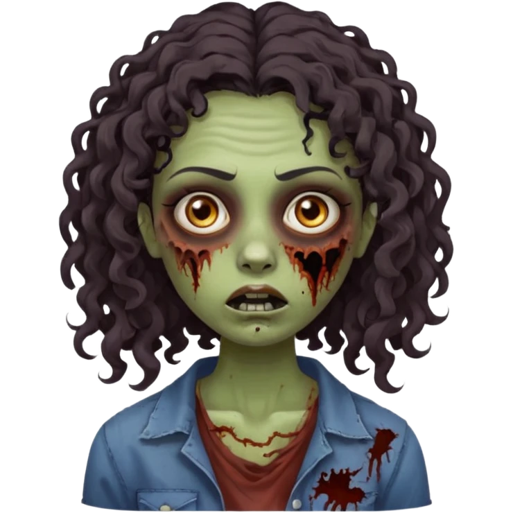Create a zombie emoji inspired by a young woman with tanned skin, an oval face, large dark eyes, defined eyebrows, a small nose, and medium lips. Her hair should be long, curly, and dark.  emoji