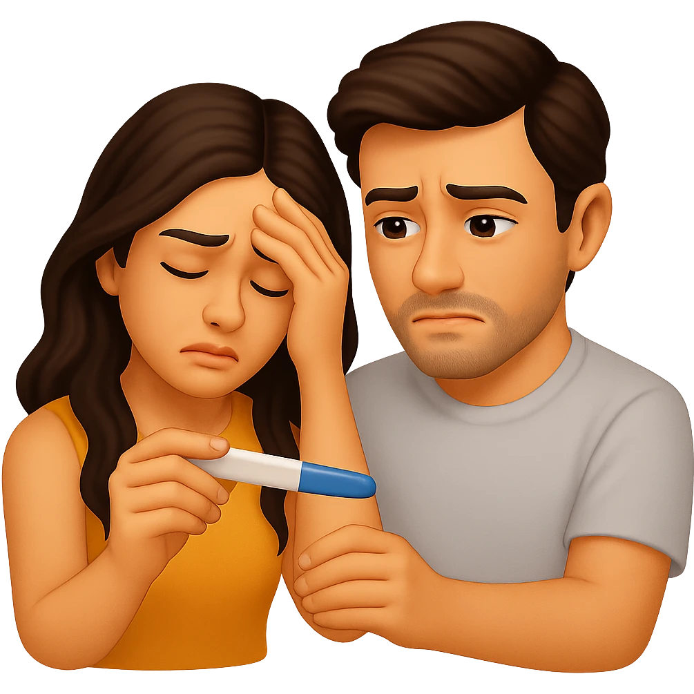 Create an emoji of a worried couple looking at a pregnancy test. The style should be realistic in facial and body features, inspired by Apple emoji style but with more realism. The background should be transparent. emoji