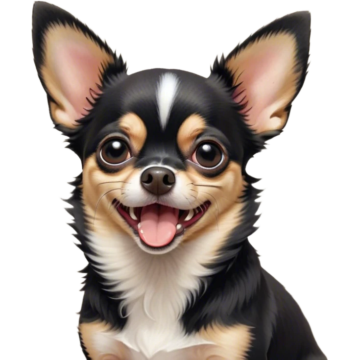 Cinematic Cute Yawning Black Tri Short Haired Chihuahua Portrait Emoji, Head tilted slightly with a dramatic, wide-open yawn, soft black tri-color fur with defined patches of white and tan, floppy ears slightly drooping, round dark eyes barely open in drowsy contentment, Simplified yet irresistibly adorable features, highly detailed, glowing with a soft, cozy glow, high shine, relaxed yet expressive, stylized with a touch of whimsy, bright and endearing, soft glowing outline, capturing the essence of a sleepy yet affectionate pup, so drowsy it feels like it could stretch right out of the screen and curl up for a nap! emoji