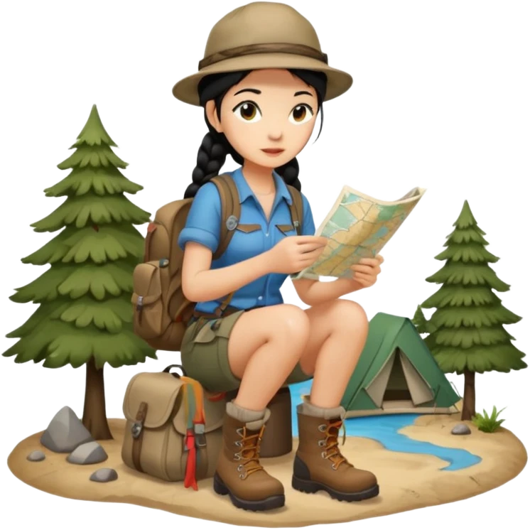 A braid black hair backpacking woman checking her map with curious eyes while walking wear camping hat and dirt covered boots full body emoji