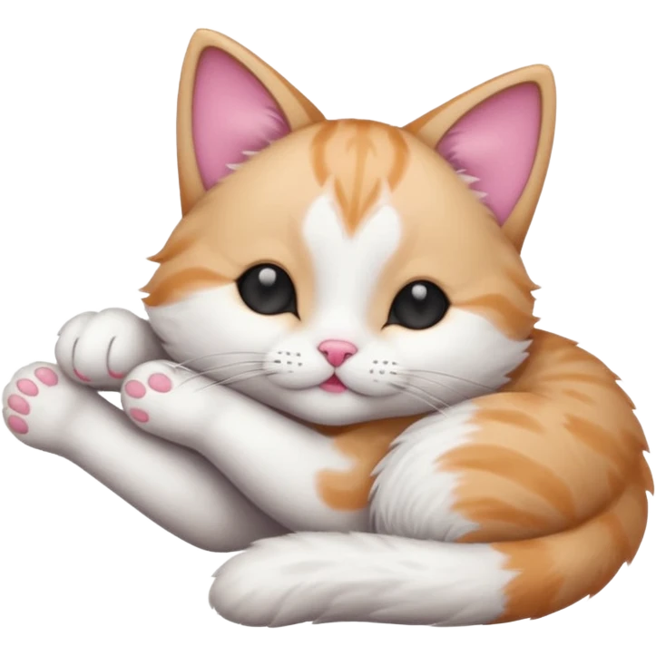 grey and white small cat with its eyes closed lying down with its paw holding up his head emoji