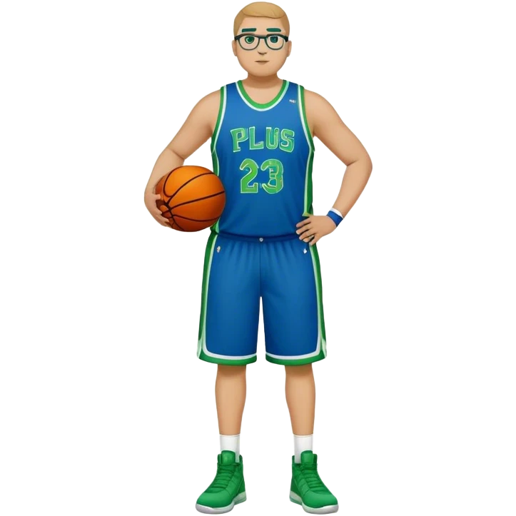Full Body white plus size male basketball player wearing glasses wearing blue green uniform emoji