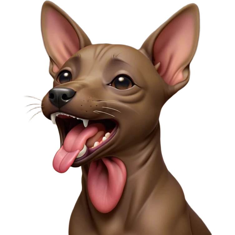 Cinematic Cute Yawning Xoloitzcuintle dog Portrait Emoji, Head tilted slightly with a dramatic, wide-open yawn, showcasing smooth, hairless ebony skin with gently relaxed wrinkles and floppy ears slightly drooping, round dark eyes barely open in drowsy contentment, Simplified yet irresistibly adorable features, highly detailed, glowing with a soft, cozy glow, high shine, relaxed yet expressive, stylized with a touch of whimsy, bright and endearing, soft glowing outline, capturing the essence of a sleepy yet affectionate guardian, so drowsy it feels like it could stretch out of the screen and curl up for a nap! emoji