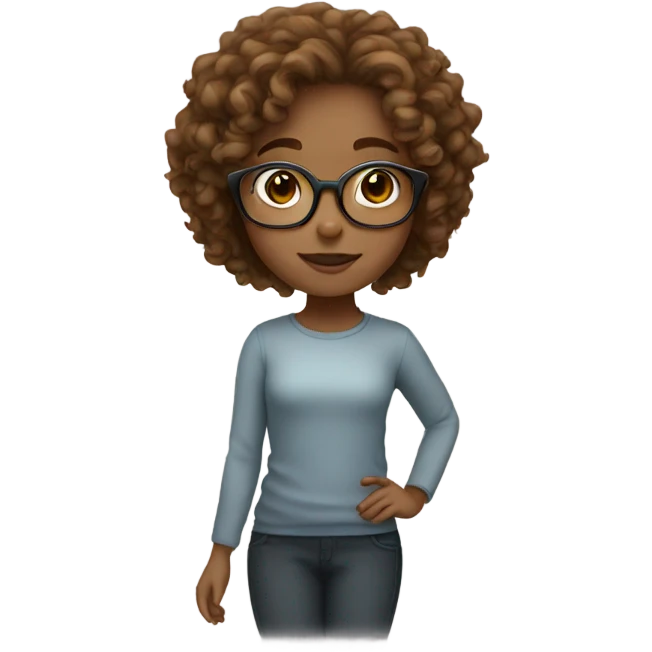 One girl with curly light brown hair, brown eyes and round glasses  emoji