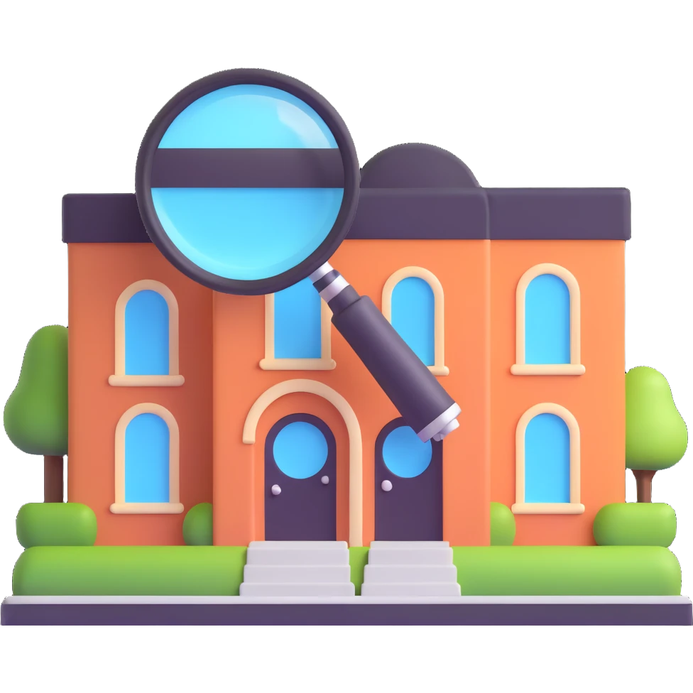 magnifying glass over a beauty salon building emoji