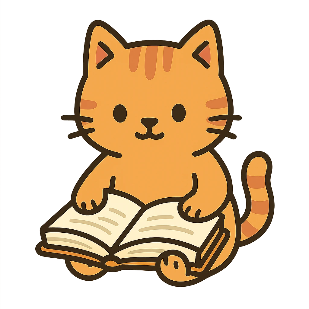 flat toon style red cat reading a book emoji