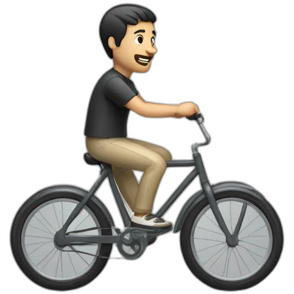 white skin men with short black hair riding a funny and miniature toy bicicle emoji