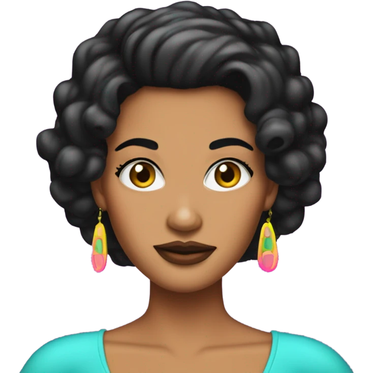 Tanned woman with black hair dressed in 1990s pop princess hair, makeup, and neon attire  emoji