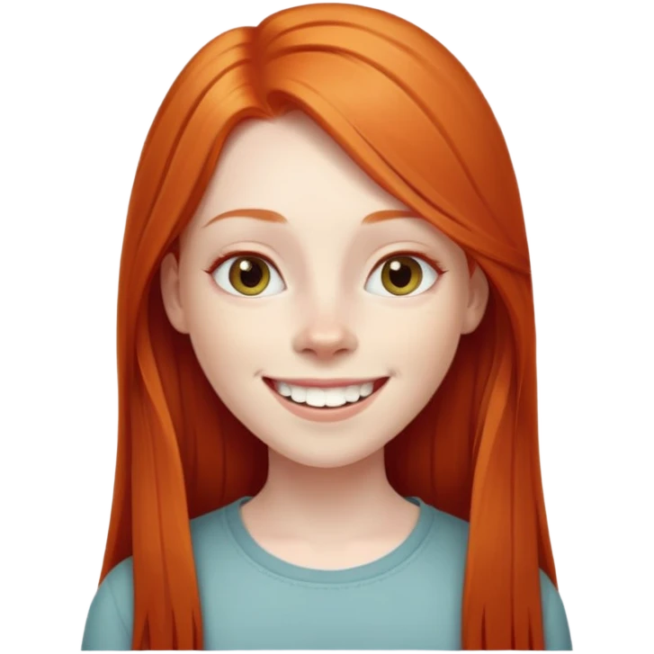 traditional emoji of young girl with very pale skin, long straight bright ginger red hair, elongated oval face, normal-sized human eyes positioned naturally, wide nose, friendly big smile with very large prominent teeth, less intense expression emoji