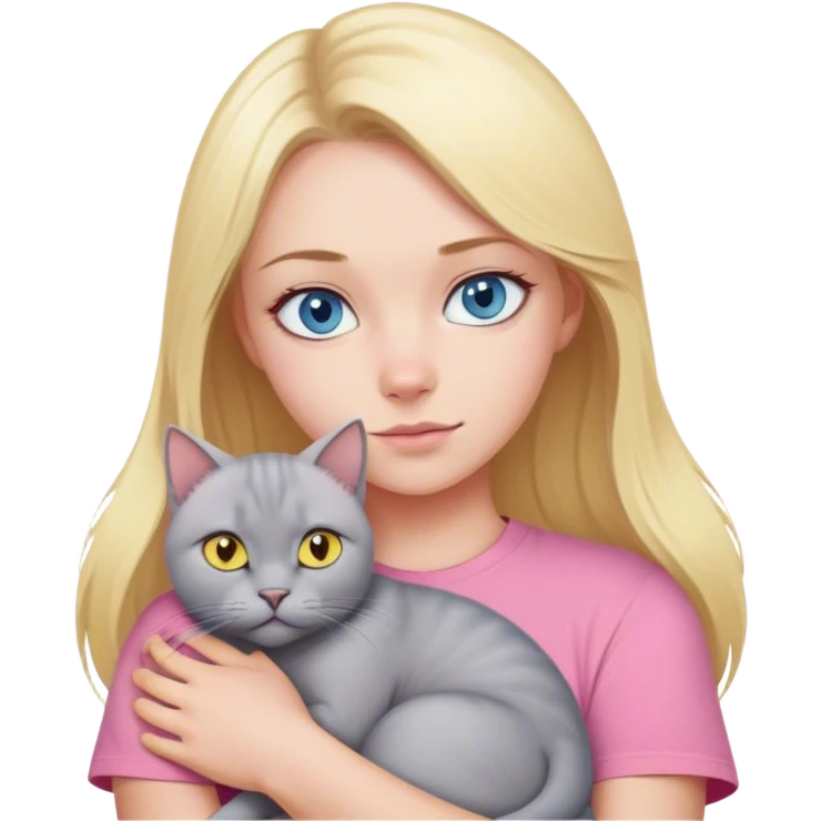 A blonde with blue eyes in a pink T-shirt hugs her big grey British cat with yellow eyes emoji