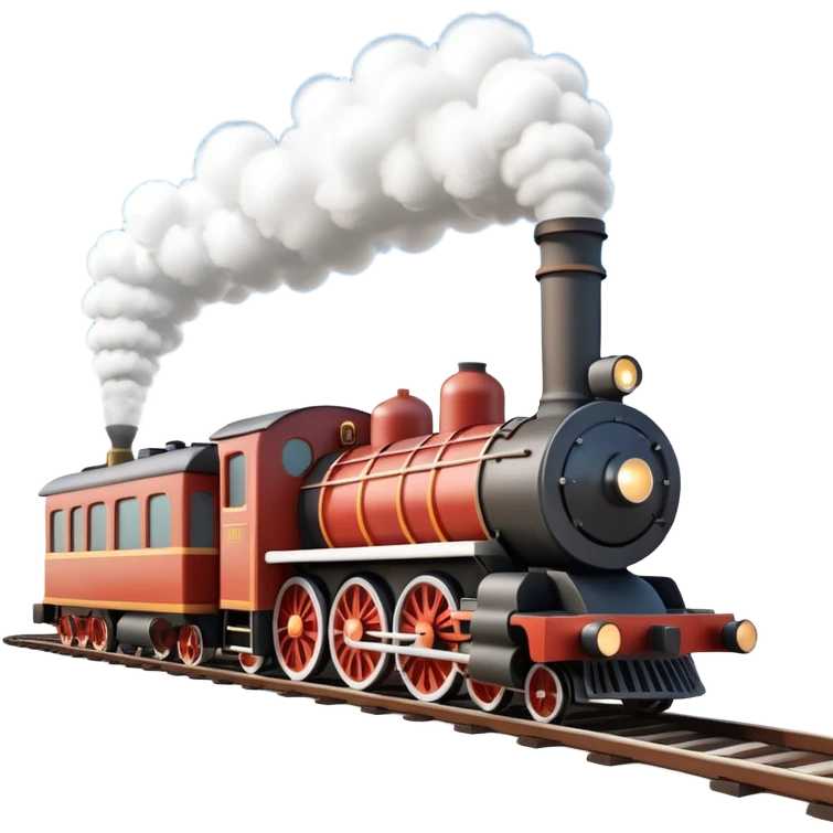 A 3D cartoon steam train puffing clouds of white smoke from its chimney, outdoor scene, warm sunlight, realistic Memoji-style. emoji
