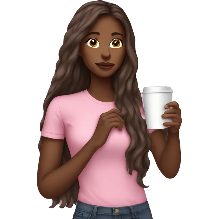 Very long hair pretty brown girl sipping coffee pink shirt emoji