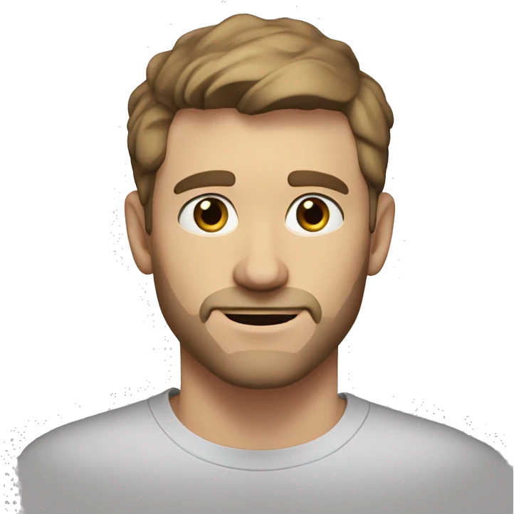 A head and shoulders shot of a 32 year old White man, with short brown hair, with none facial hair,   with brown eyes wearing a t-shirt. emoji