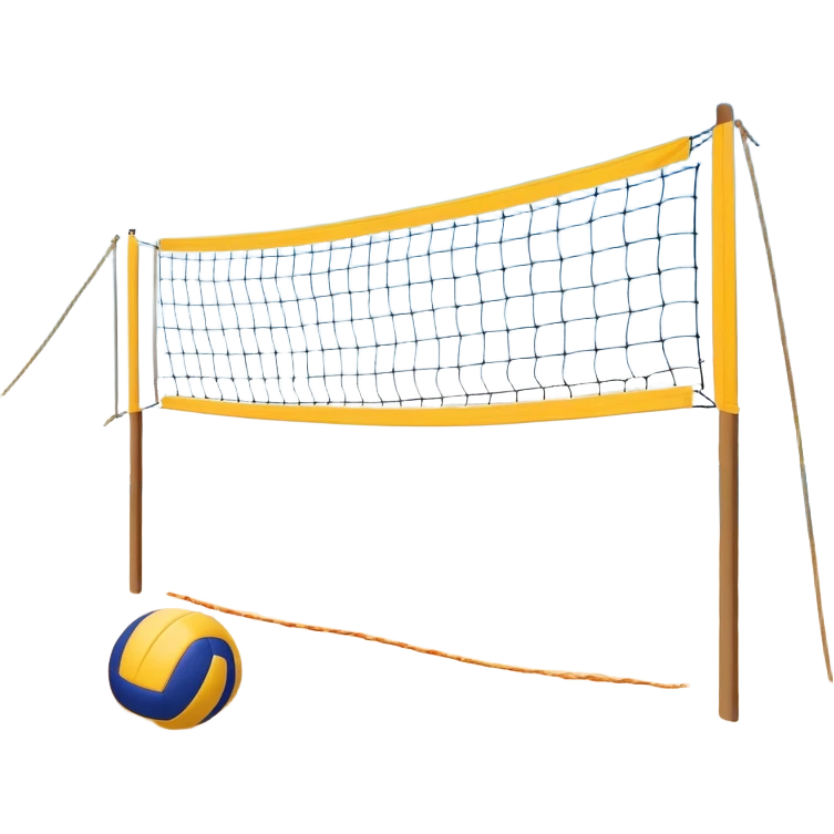 A beach volleyball net set up on the sand, with a volleyball hovering above it. The scene captures the action of a game in progress, with the sun shining brightly, beach sand stretching out, and the ocean visible in the background. emoji