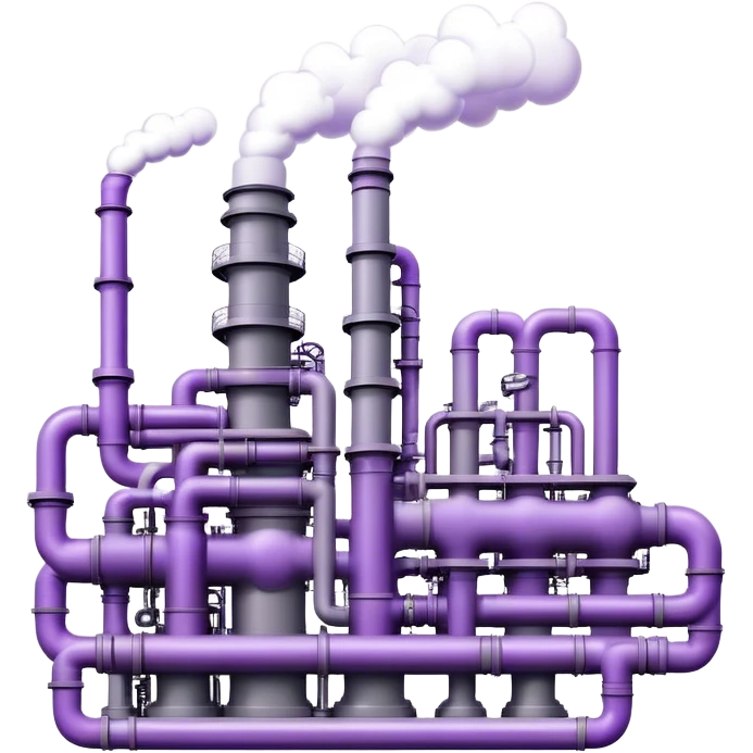 An emoji of an industrial factory in realistic gray tones, with pipes and smokestacks. Instead of smoke, soft neon violet bubbles flow out, symbolizing AI power and efficiency emoji