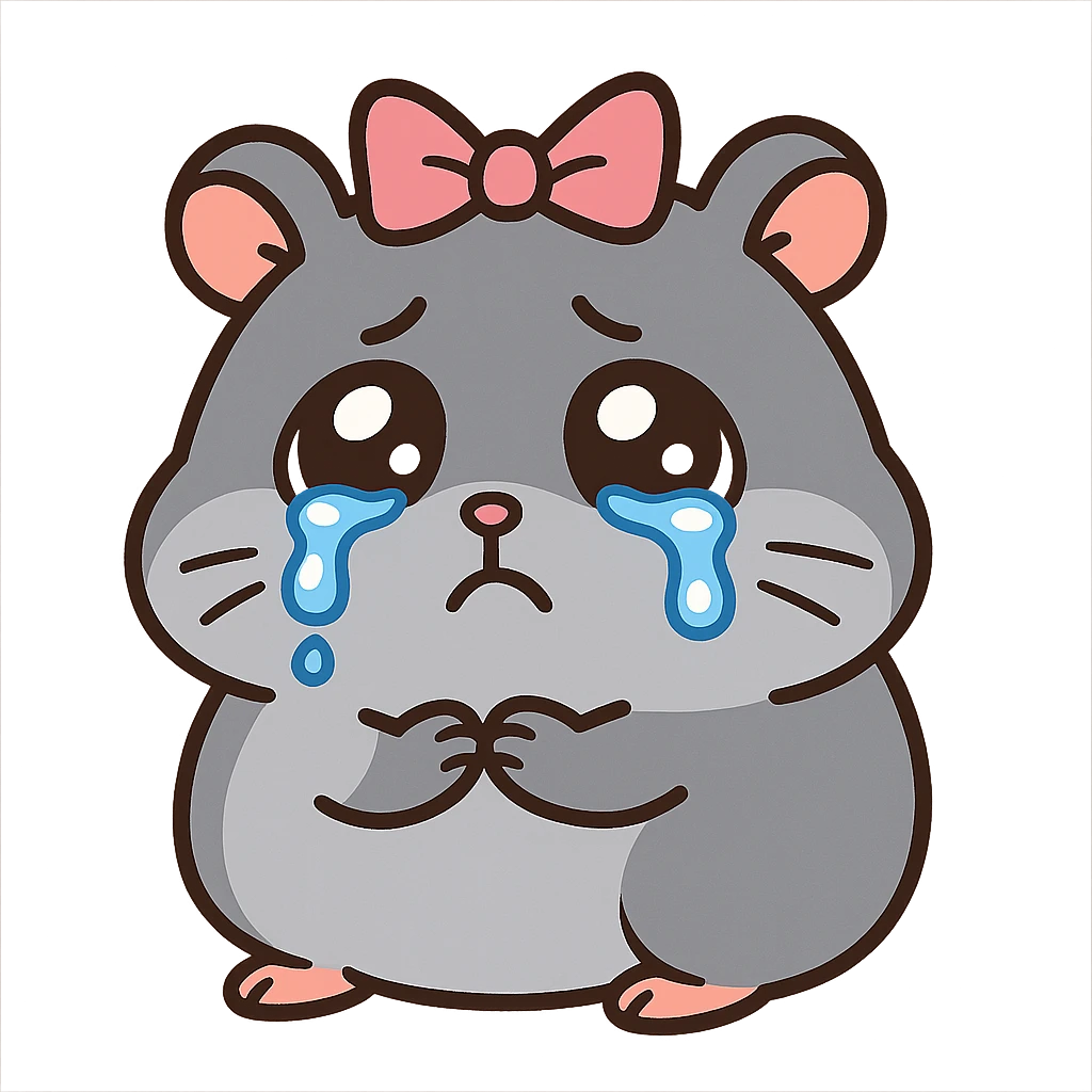 a small, round gray hamster with teary eyes and a pink ribbon on its head, cartoon style emoji
