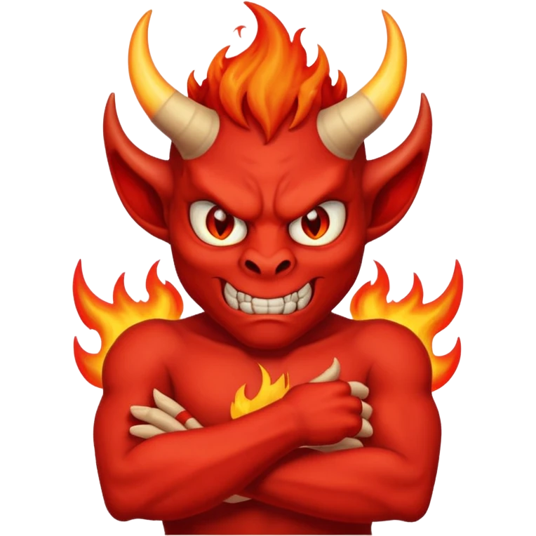 a Red devil, short horn Devil with flaming eyes, crossing arms emoji