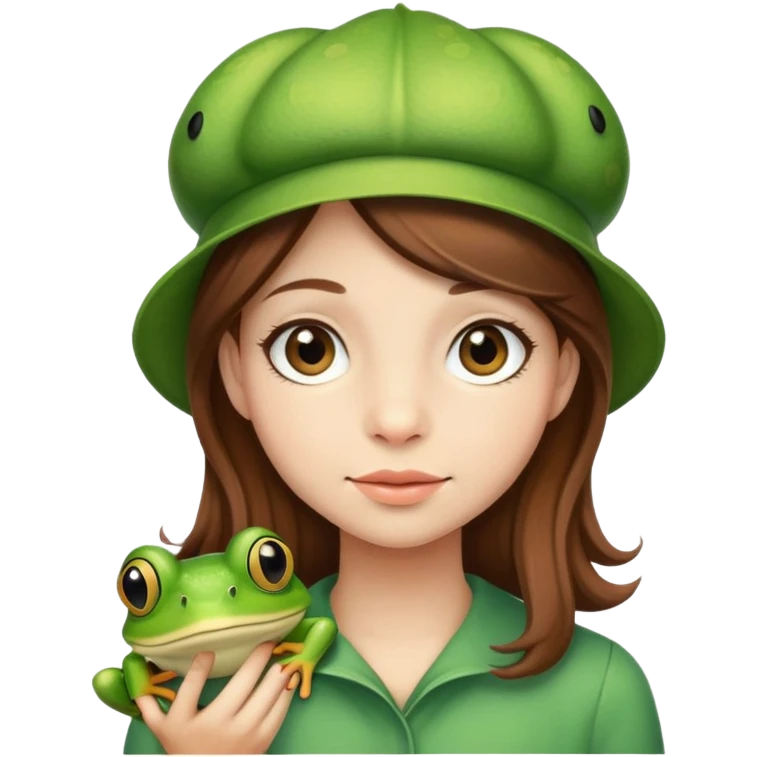 girl with brown hair wearing frog hat emoji