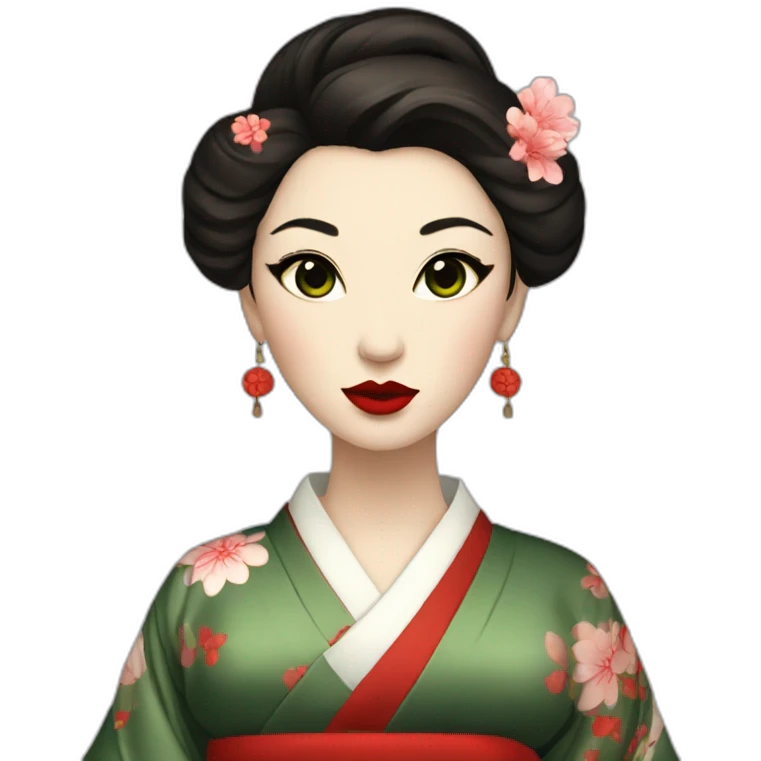 woman dark Brown hair dark Green eyes red lips geisha emoji