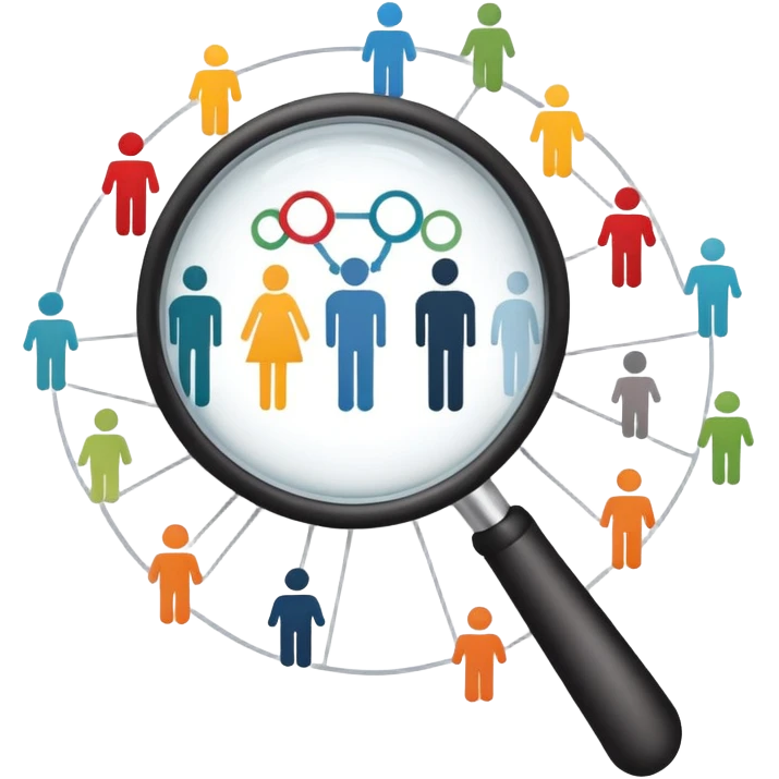An icon featuring a network of interconnected people, a magnifying glass, and a chart, symbolizing sociology. The design includes diverse figures and social patterns, representing the study of society, behavior, and social structures. Transparent background highlights human interaction emoji