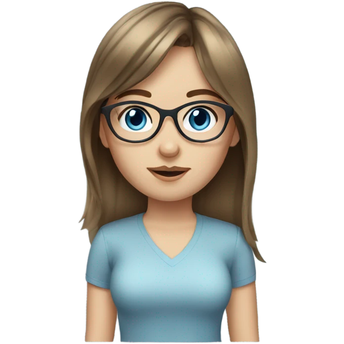 white girl, brown hair, blue eyes, bangs, glasses emoji