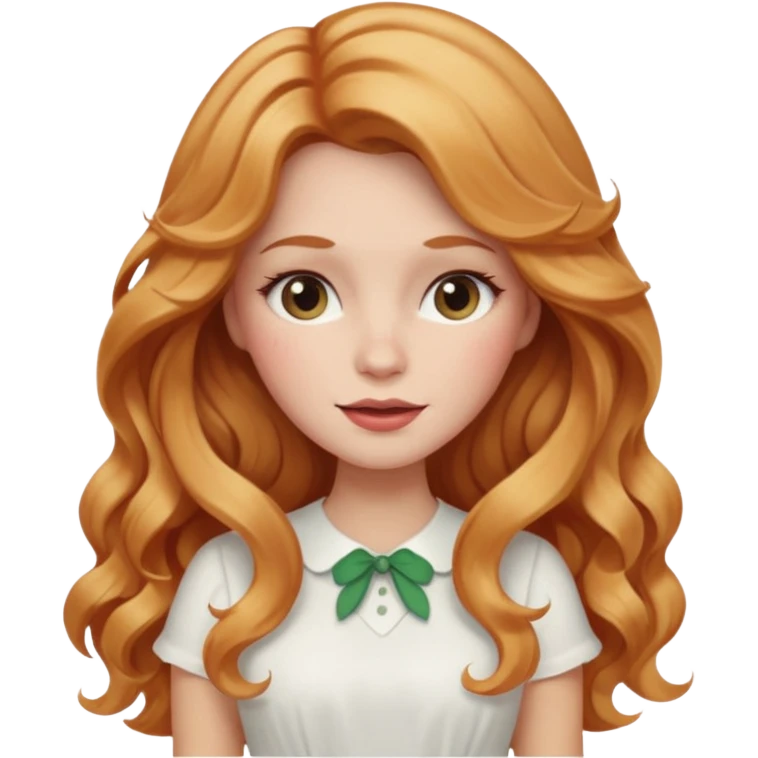 white woman  with strawberry blonde super long wavy hair, white skirt, blushed cheeks emoji