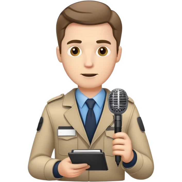 white man journalist with press badge notepad and microphone emoji