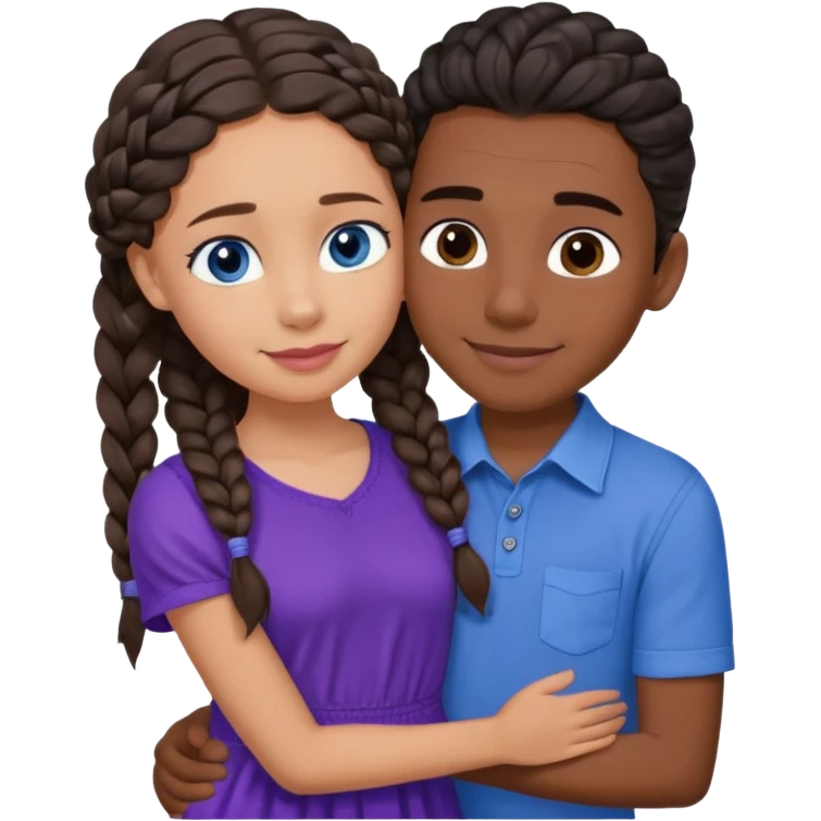 Boyfriend who is medium tan olive skinned with blue eyes and wavy straight brown hair in a blue shirt and his girlfriend who is dark skinned, juicy lipped with black braided hair and the two are hugging and smiling she’s wearing purple and she has black eyes emoji