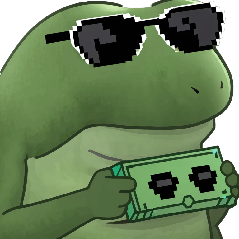 bufo with triangle shaped 8 bit sunglasses full black, confident smile, with a black hole in his hand emoji