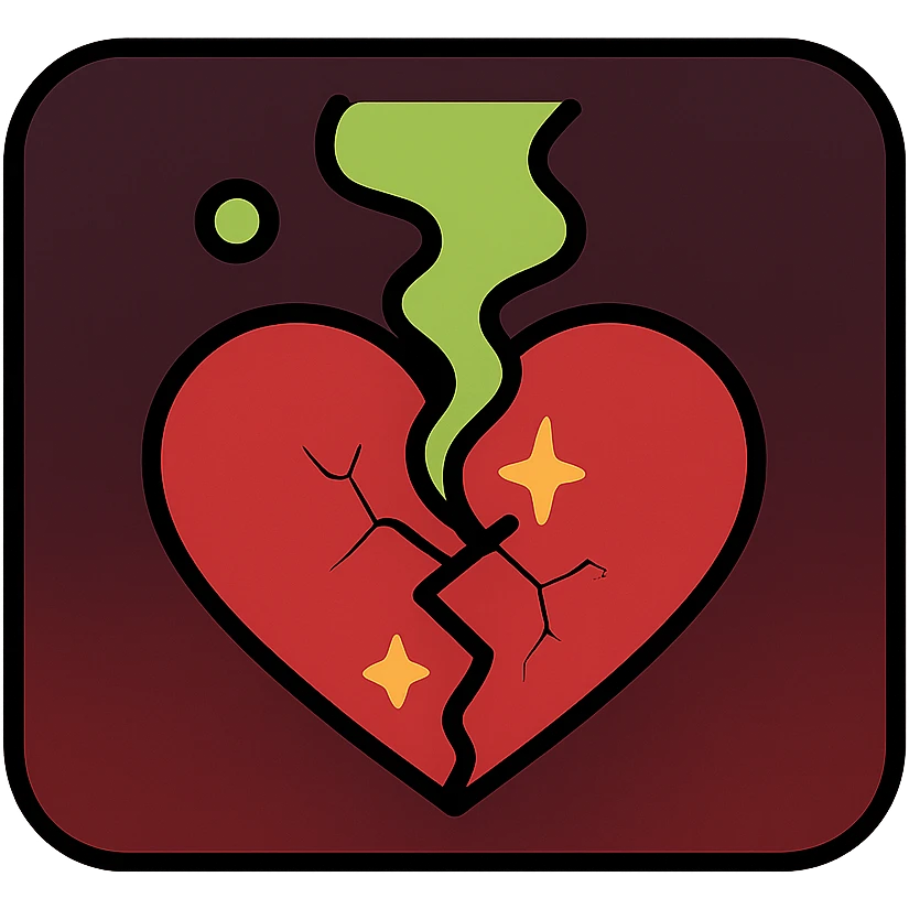 thumbnail with broken heart emitting faint toxic green mist, dark background with deep red and black gradients, faint cracks and spark effects emoji