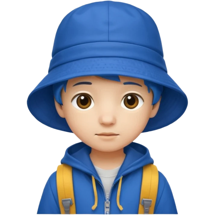 Little student wears blue bucket hat and jacket, backpack, shy emoji