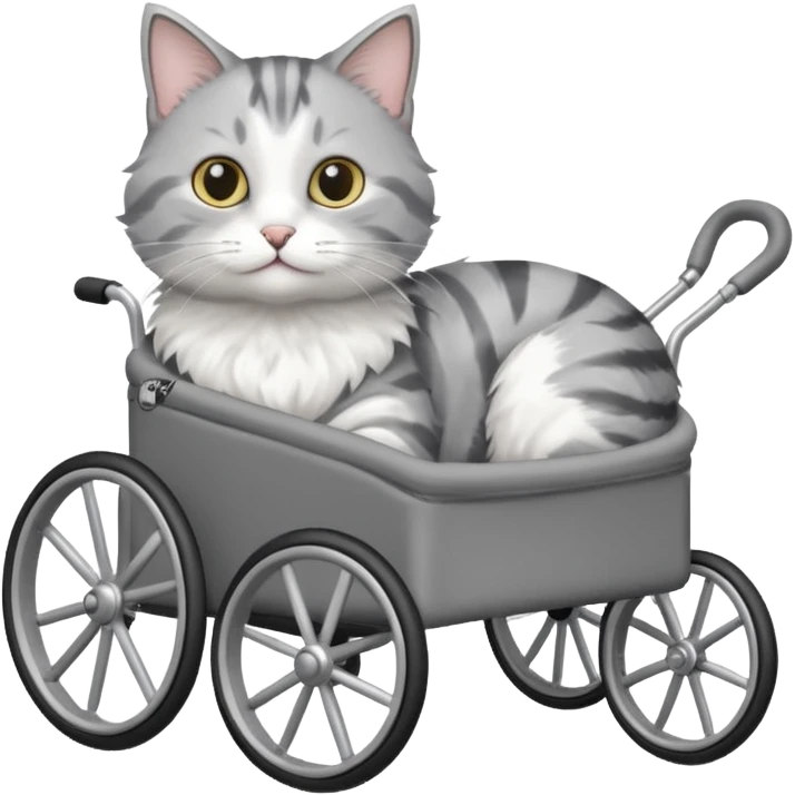 grey and white cat in a pet wheelchair emoji